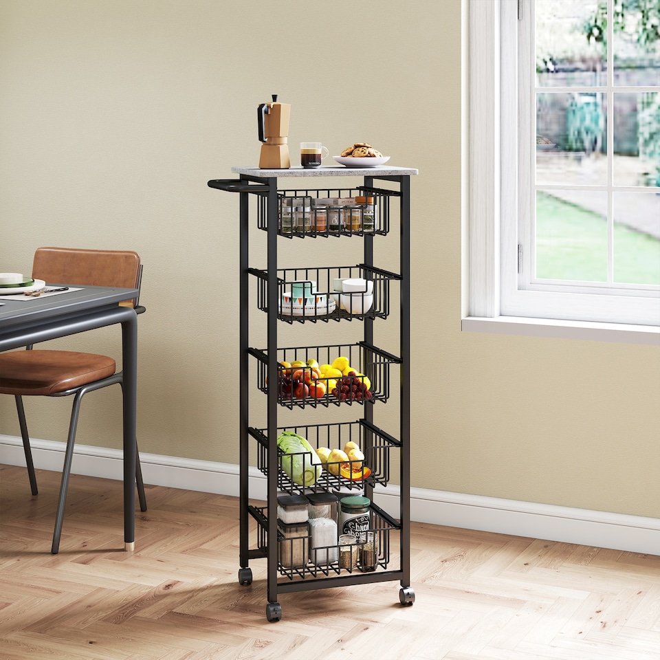 image 1 of HOMCOM 5-Tier Kitchen Island on Wheels with 5 Pull-Out Baskets, Light Grey