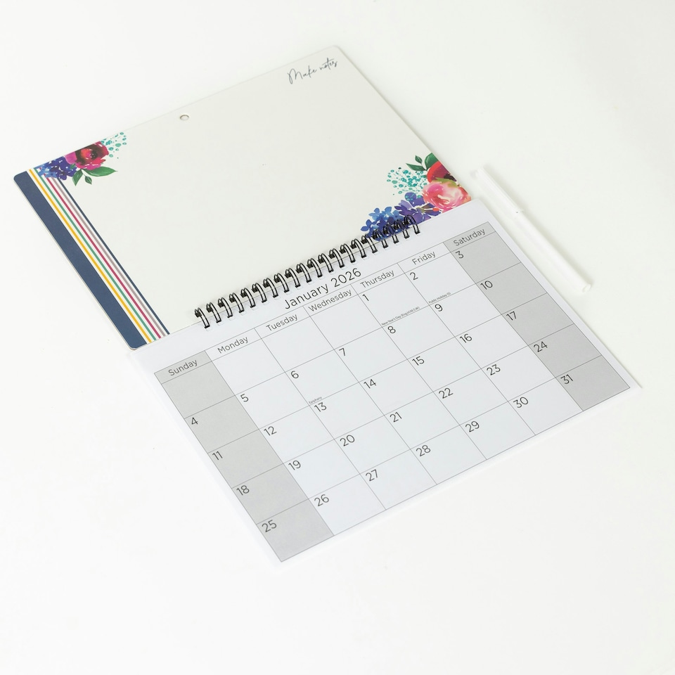 image 1 of 2026 Monthly Memo Board Calendar & Pen Flowers 2 Design