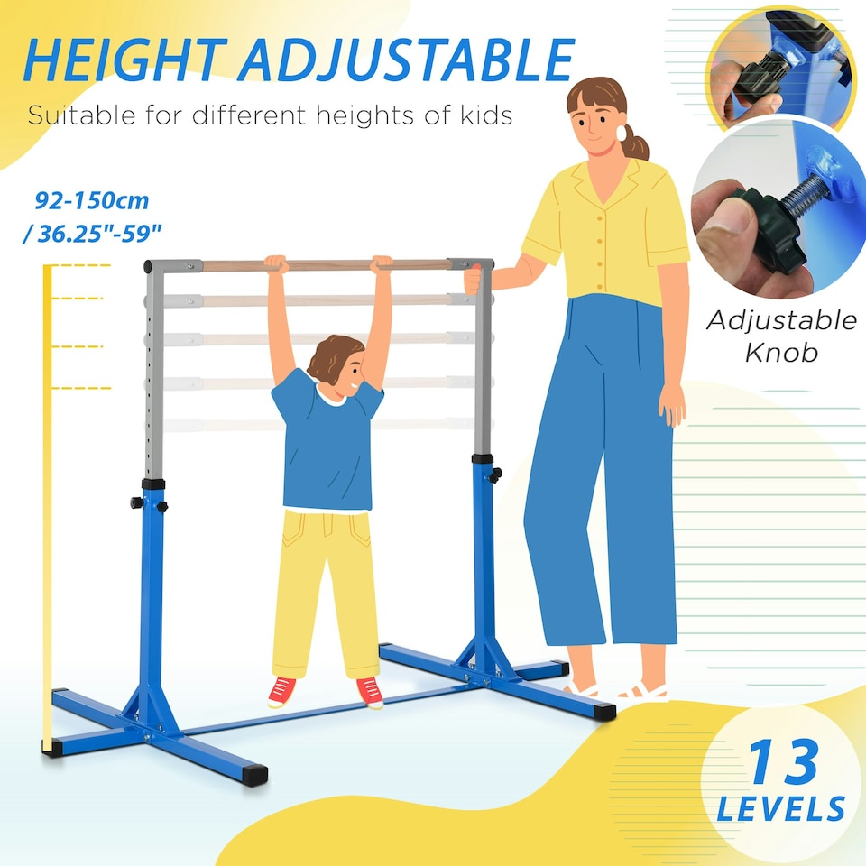 image 1 of HOMCOM Adjustable Kids Gymnastics Bar Horizontal Training Steel Frame Wood Blue