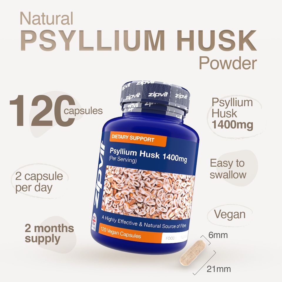 image 1 of Zipvit Psyllium Husk 1400mg, Natural High Strength Fibre Supplement, 120 Vegan Capsules