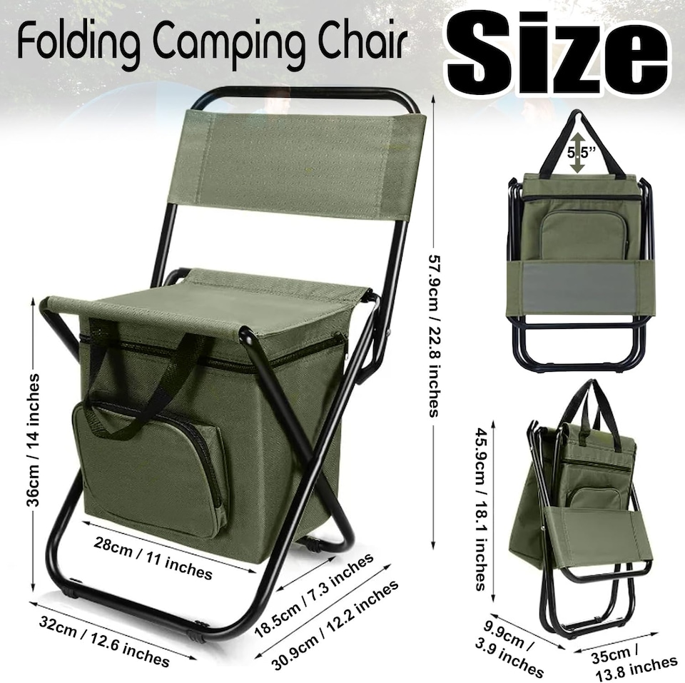 image 1 of 2X Folding Camping Chair Lightweight Foldable Fishing Chairs Portable Camping Chair Cooler Bag Outdoor Backrest Stool