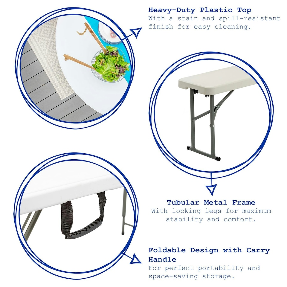 image 1 of Harbour Housewares 4 Person Folding Trestle Bench - 180cm (6ft) - Folding Bench Indoor Bench Outdoor Bench Seat Chair | White | One Size
