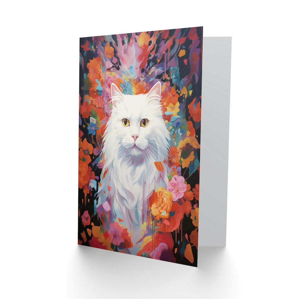 image 1 of Pure White Cat Lovers Gift Pet Portrait Colourful Art Card
