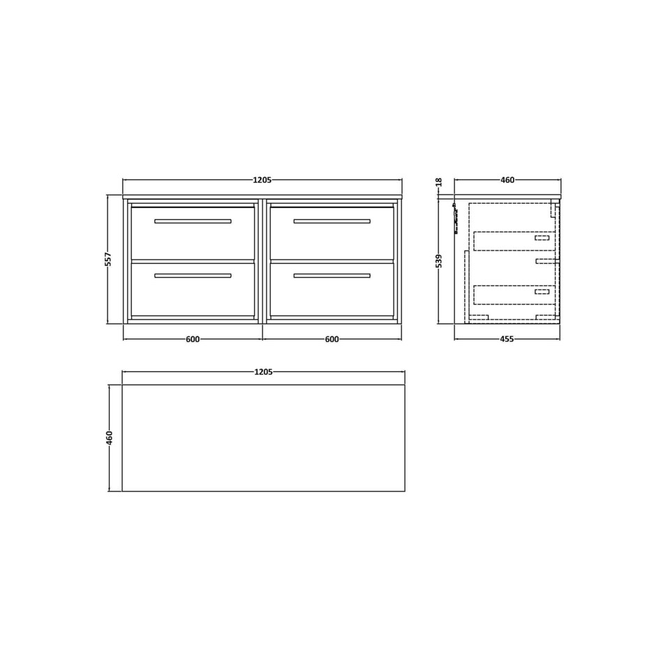image 1 of Balterley Longnor 4 Drawer Wall Hung Vanity Unit with Worktop, Woodgrain Graphite Grey, 1200mm