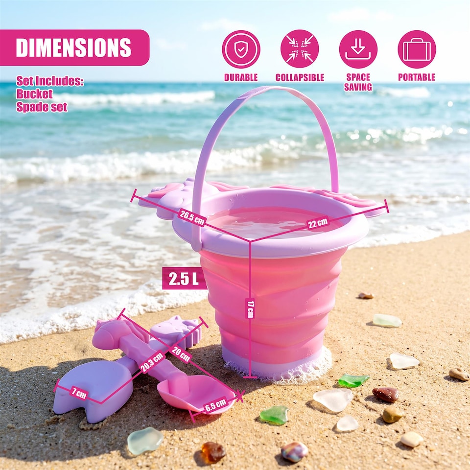 image 1 of The Magic Toy Shop Unicorn Sand Pit Kit Collapsible Beach Bucket and Spade Set