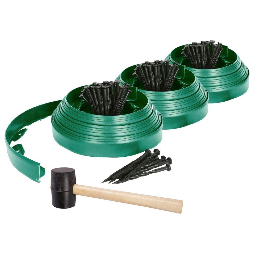 image 1 of Harbour Housewares Flexible Plastic Lawn Edging with 120 Pegs & Mallet - 30m x 4cm - Green | Green | 3
