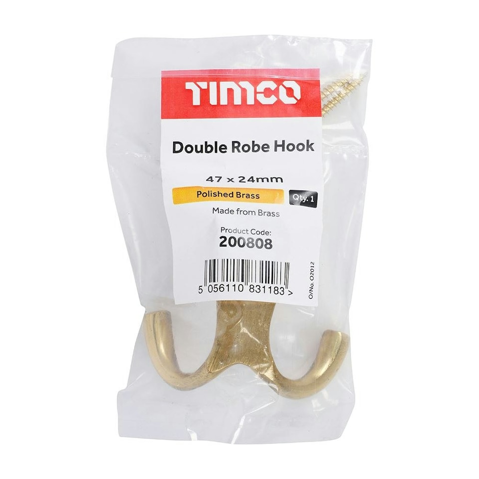 image 1 of Timco - Double Robe Hook - Polished Brass (Size 47 x 24mm - 1 Each)