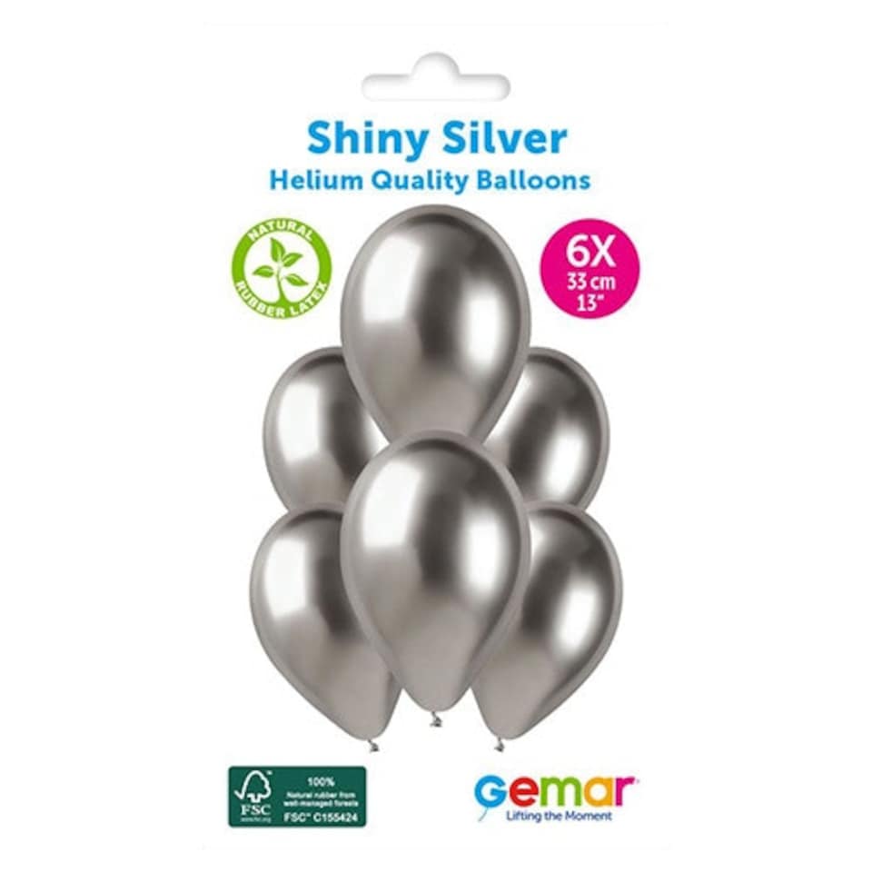 image 1 of Shiny Silver Bio Latex Balloons 33cm / 13 in - Pack of 6