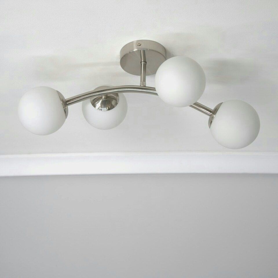 image 1 of ValueLights Jas Brushed Chrome 4 Way Ceiling Light with Opal White Frosted Glass Globe Shades and LED Bulbs
