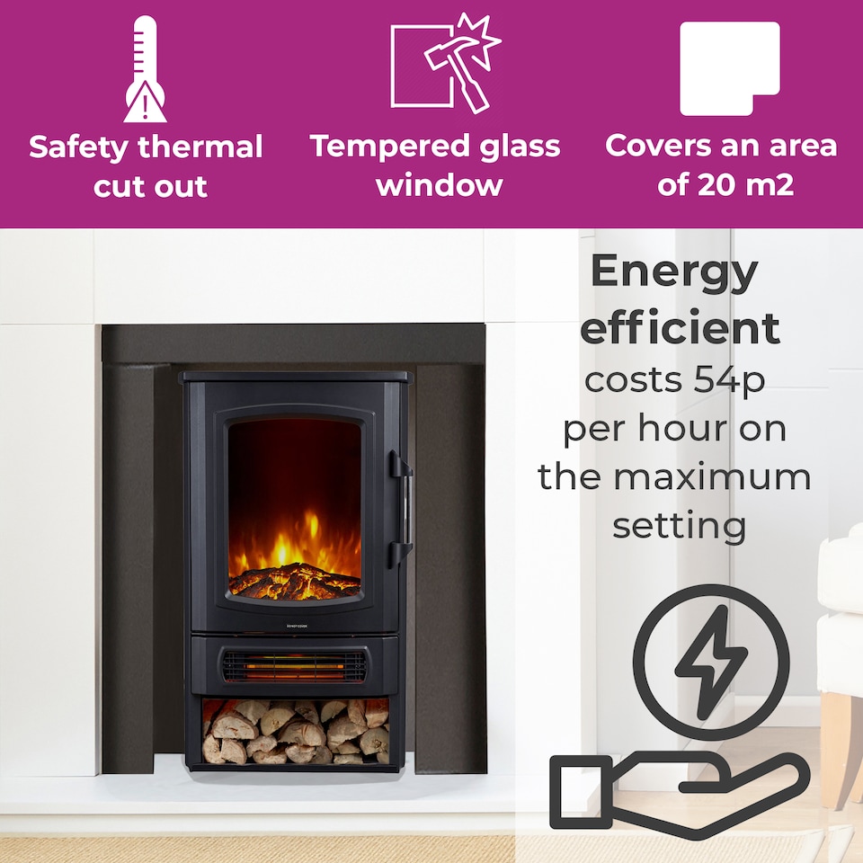 image 1 of Neo 1000W / 2000W Freestanding Electric Fire Stove Heater Burner Realistic Flame and Log Store | Black