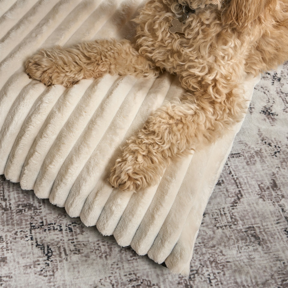 image 1 of OHS Ribbed Fleece Rectangular Soft Warm Cosy Plump Plush Pet Dog Cat Cushion Bed, 80x60cm Cream | L