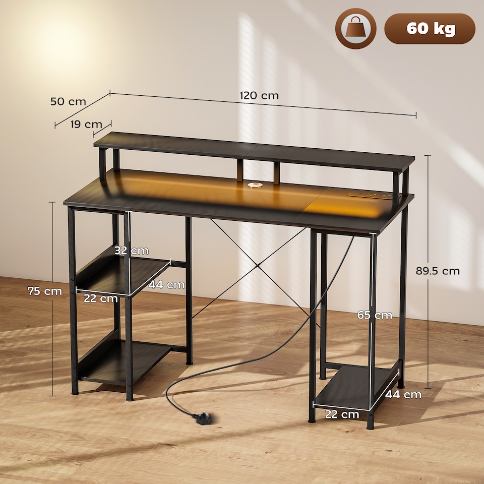 image 1 of HOMCOM Computer Desk with Power Outlets and LED Lights, 120 x 50cm Reversible Home Office Desk with Monitor Stand and 2-Tier Storage Shelves, PC Table with Cable Management, Carbon Fibre Grey