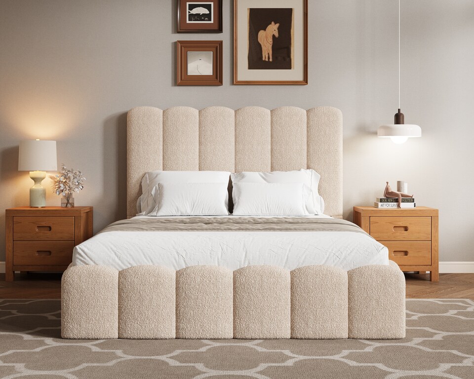 image 1 of Ezysleep Kingsley Boucle Soft Teddy Upholstered Gas Lift Ottoman Bed Frame | Cream | Natural