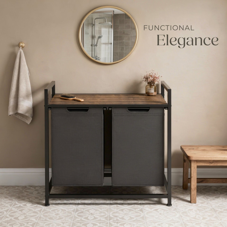 image 1 of Dual Laundry Basket - 2 pull out compartments, wooden folding shelf and high capacity | Black | black/brown | 46 L | 1