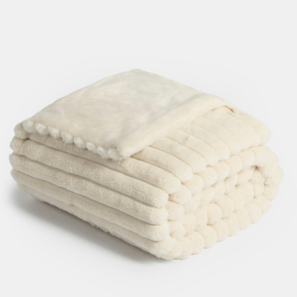 image 1 of OHS Faux Fur Rib Fleece Blanket, 125x150cm - Natural