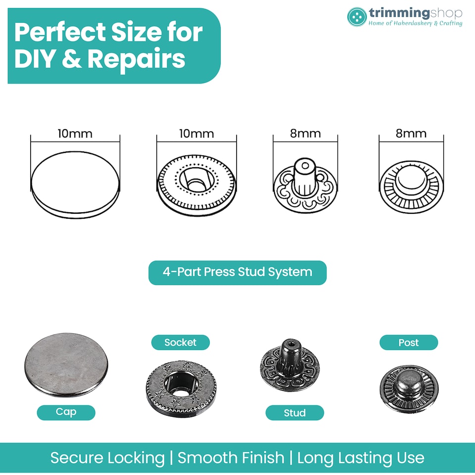 image 1 of 10mm S Spring Press Studs 4-Part, Durable & Lightweight - 10pcs