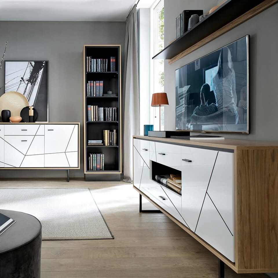 image 1 of Brolo 167cm Wall Shelf with a Walnut and Dark Panel Finish