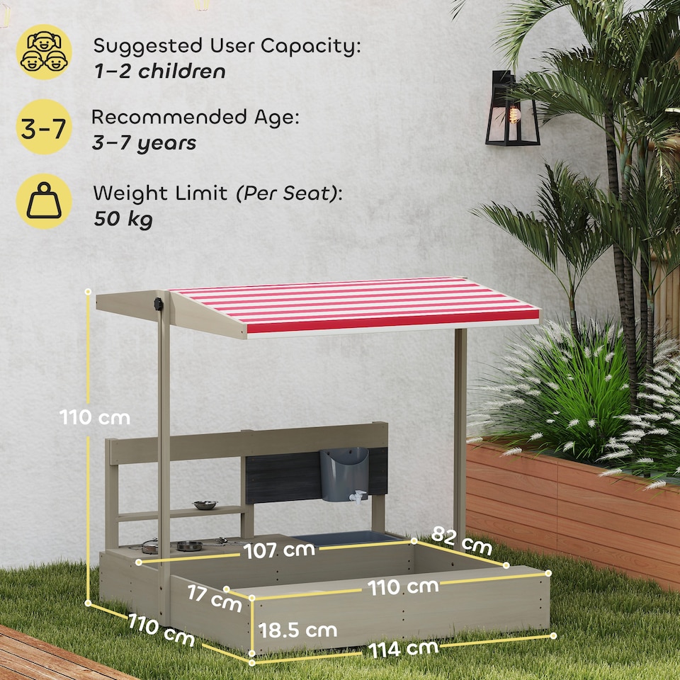 image 1 of Outsunny Kids Wooden Sandbox w Canopy, Kitchen Toys, Seat, Storage, for Outdoor