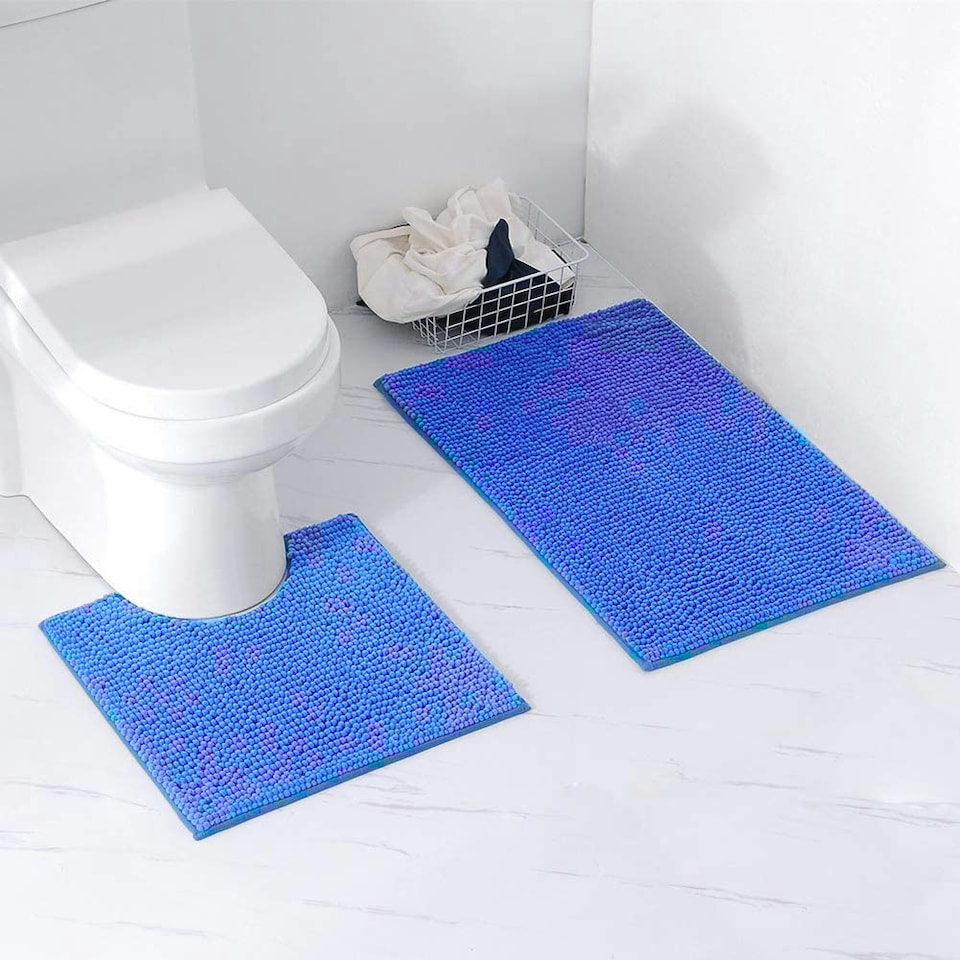 image 1 of Chenille Bobble Non Slip Bath Mat & Pedestal Set | Blue | Cornish Blue