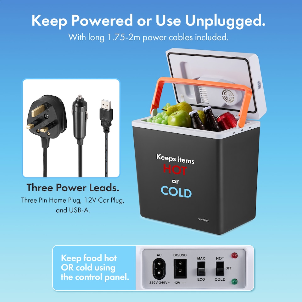 image 1 of Vonshef 20L Electric Cool Box, Insulated Cooler with Hot Cold Function | Black | White & Orange