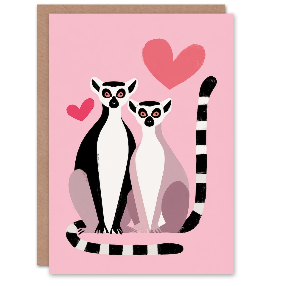 image 1 of Ring Tailed Lemurs in Love Cute Illustration Valentine's Day Card