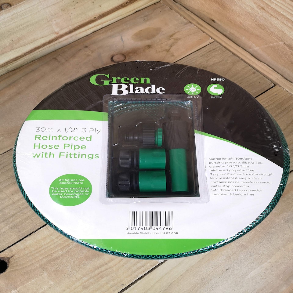 image 1 of 30m Reinforced Garden Hose Pipe / Hosepipe in Green with Fittings | Green | Green