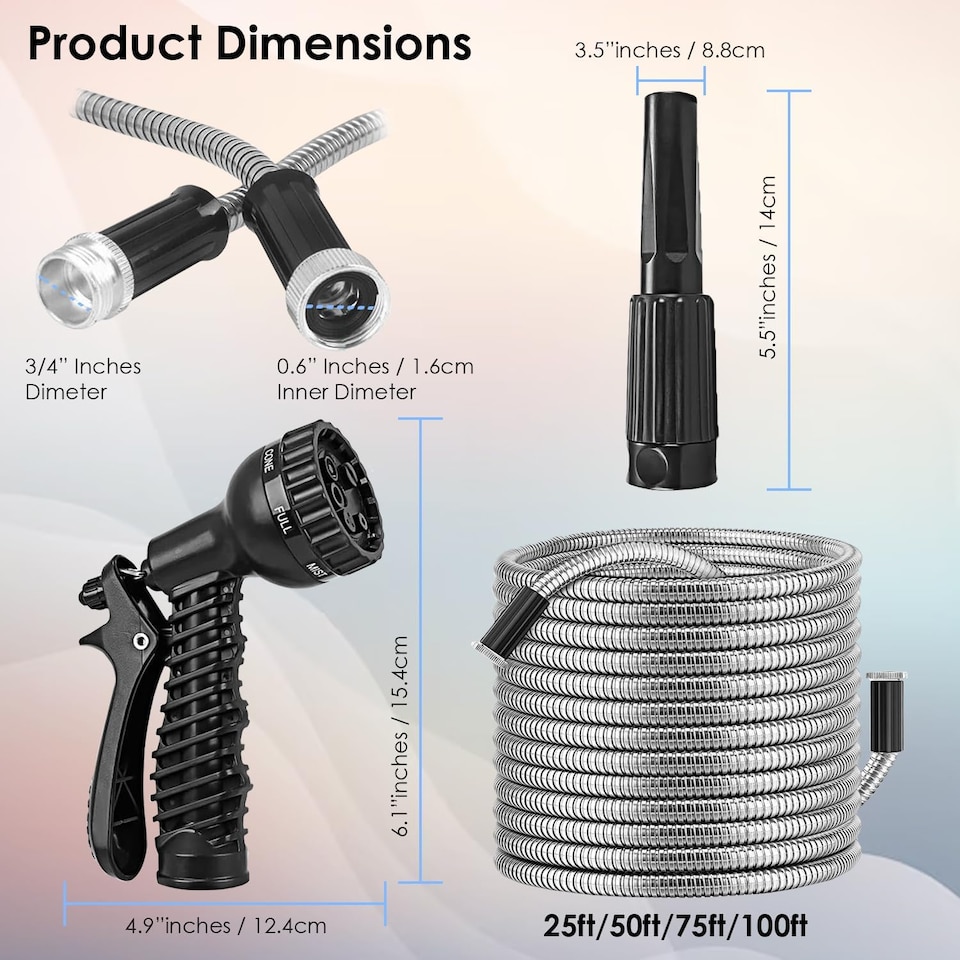 image 1 of 100FT Garden Hose Pipe Stainless Steel Lightweight Durable Strong Kink Free Leakproof Rust-Proof Spray Water Gun HosePipe Reel 30M
