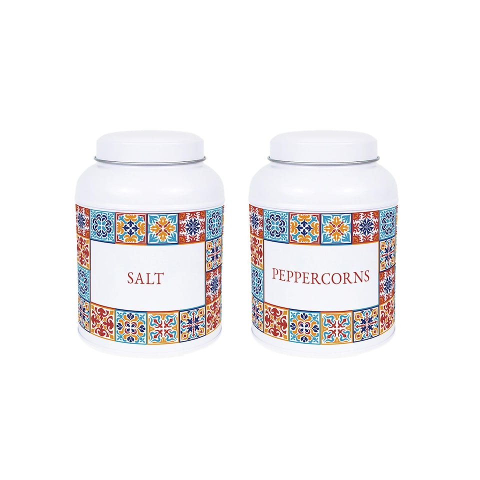 image 1 of Moroccan Tile Salt & Peppercorn Canisters - Small Kitchen Seasoning Jars
