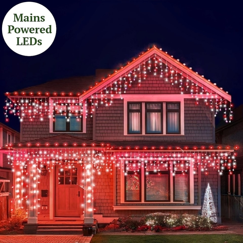 image 1 of 20m/65ft Red & Bright White Connectable Icicle Lights 672 MAINS LEDs 8 Settings Memory & Timer Outdoor Weatherproof Christmas