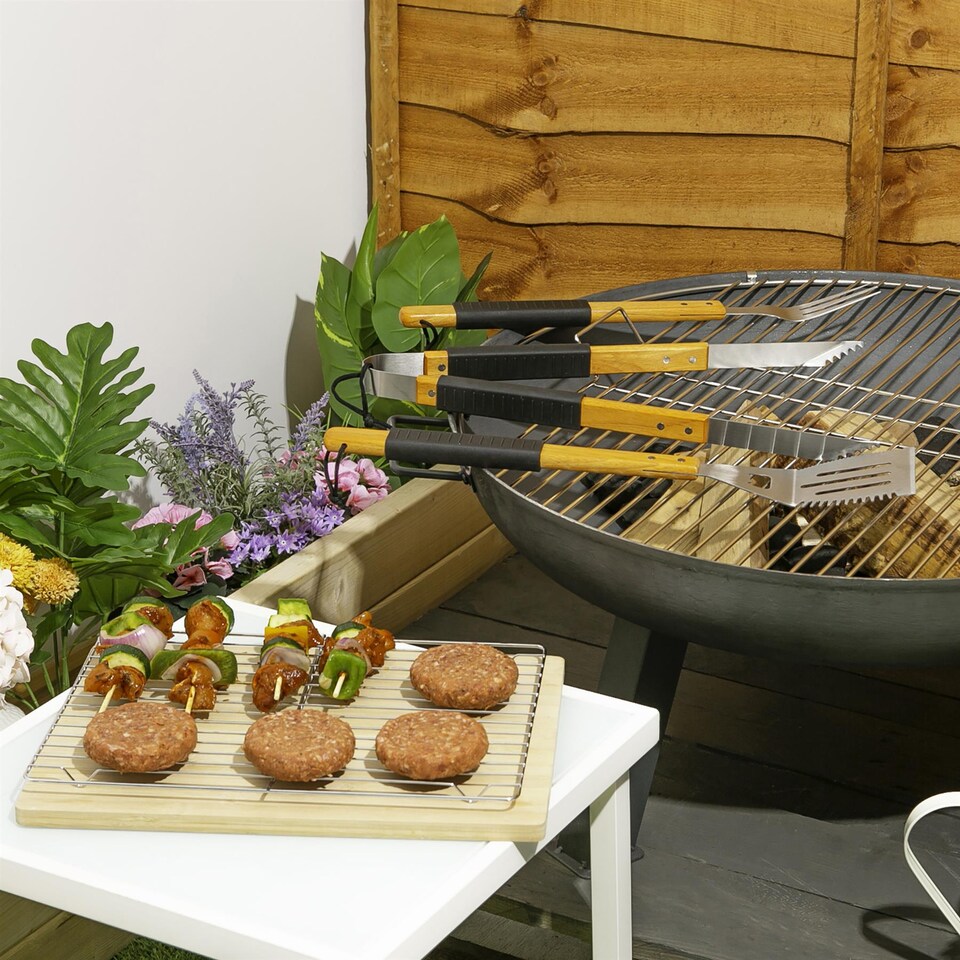 image 1 of BobbyQ 3pc Grey Rope Wooden BBQ Tools Set - Outdoor Kitchen Camping Barbecue Grill Cooking Utensils Accessories Gift Kit for Men with Bag