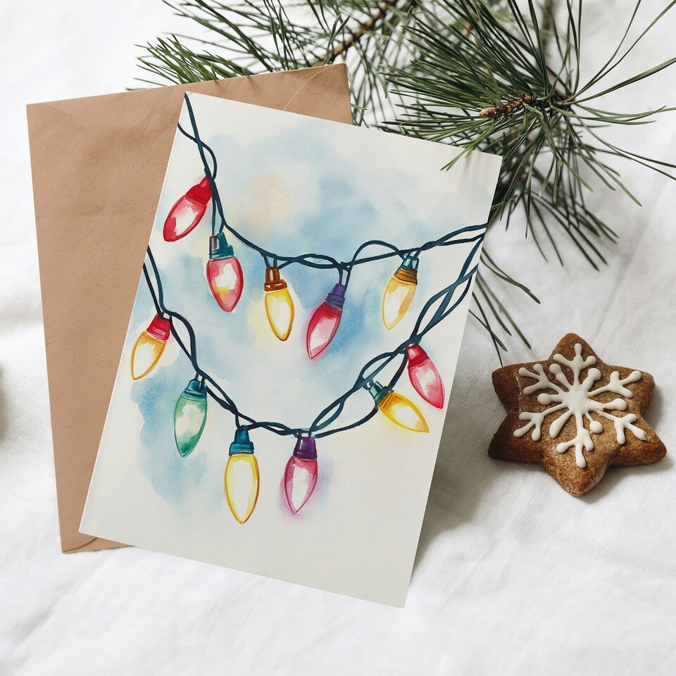 image 1 of Greeting Card Colourful Fairy String Lights Soft Watercolour Blank For Him Or Her Art Xmas Christmas Card