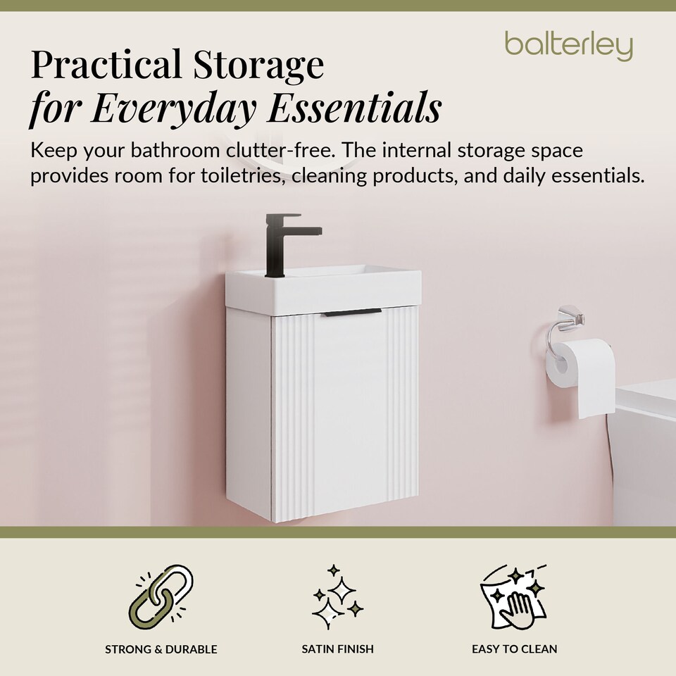image 1 of Balterley Wall Hung Cloakroom Vanity Basin Unit with Handle Compact Bathroom Storage | White | Satin White | 438 x 400 x 222mm | 1