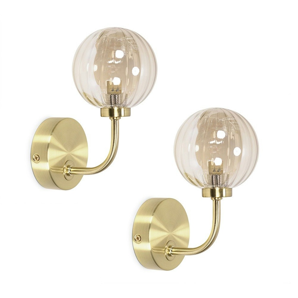 image 1 of ValueLights Chessy Pair of Ribbed Glass Globe Shade Gold Stem Wall Lights and LED Bulbs