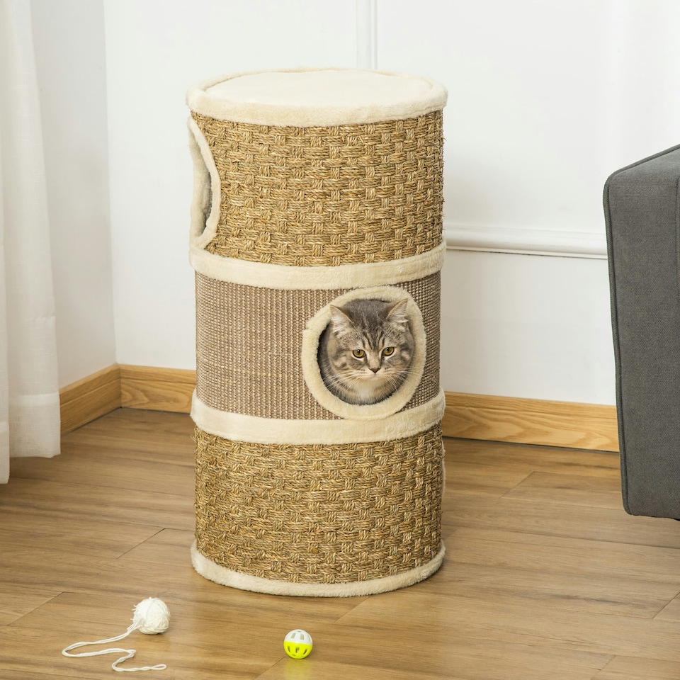 image 1 of PawHut Cat Scratching Barrel Pet Furniture Sisal Plushfor Indoor Cats, Khaki