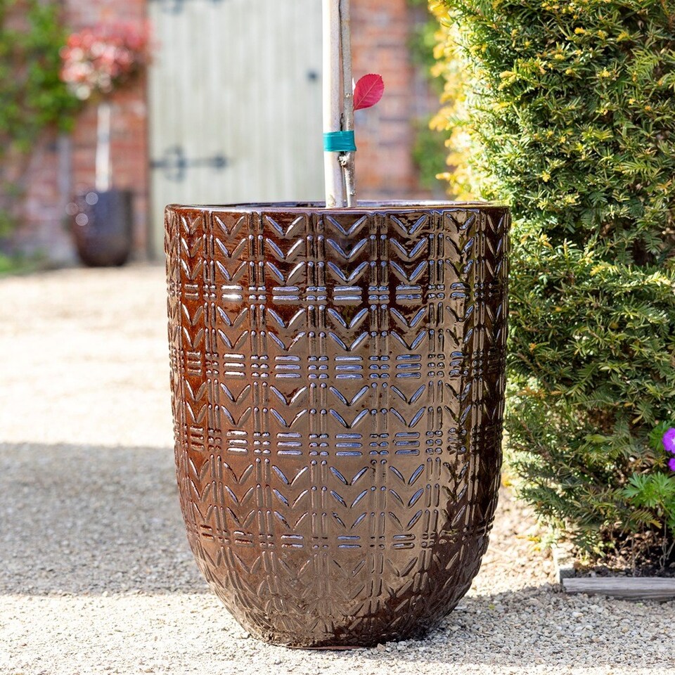 image 1 of Primrose Textured Glazed Terracotta Planter In Glossy Coffee Brown 63cm