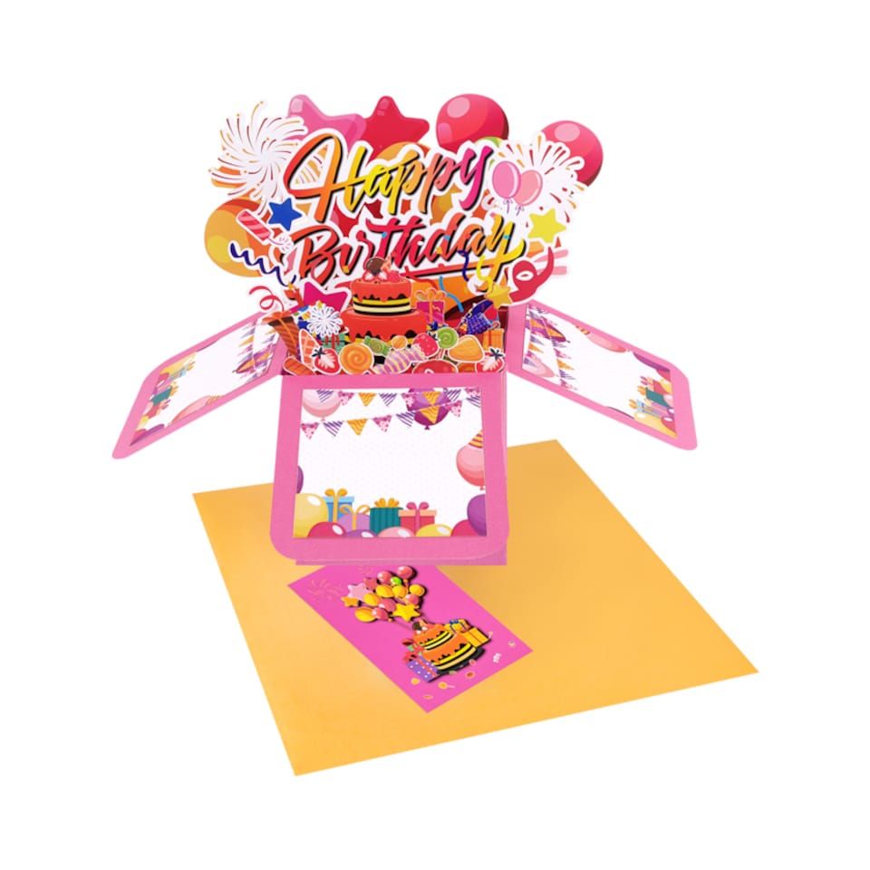 image 1 of Pink Balloons Fireworks Peach Red 3D Pop Up Birthday Box Card Surprise Gift Box