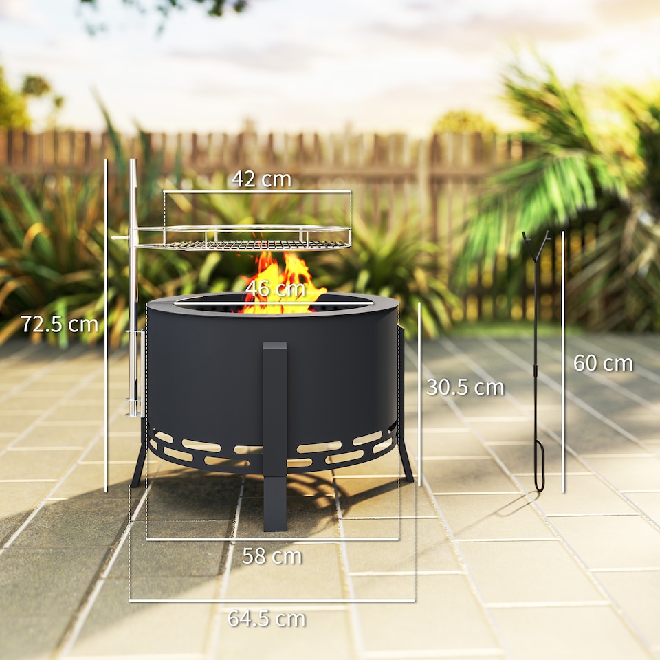 image 1 of Outsunny Portable Fire Pit, 58 cm Round Firepit with Grill Grate, Black