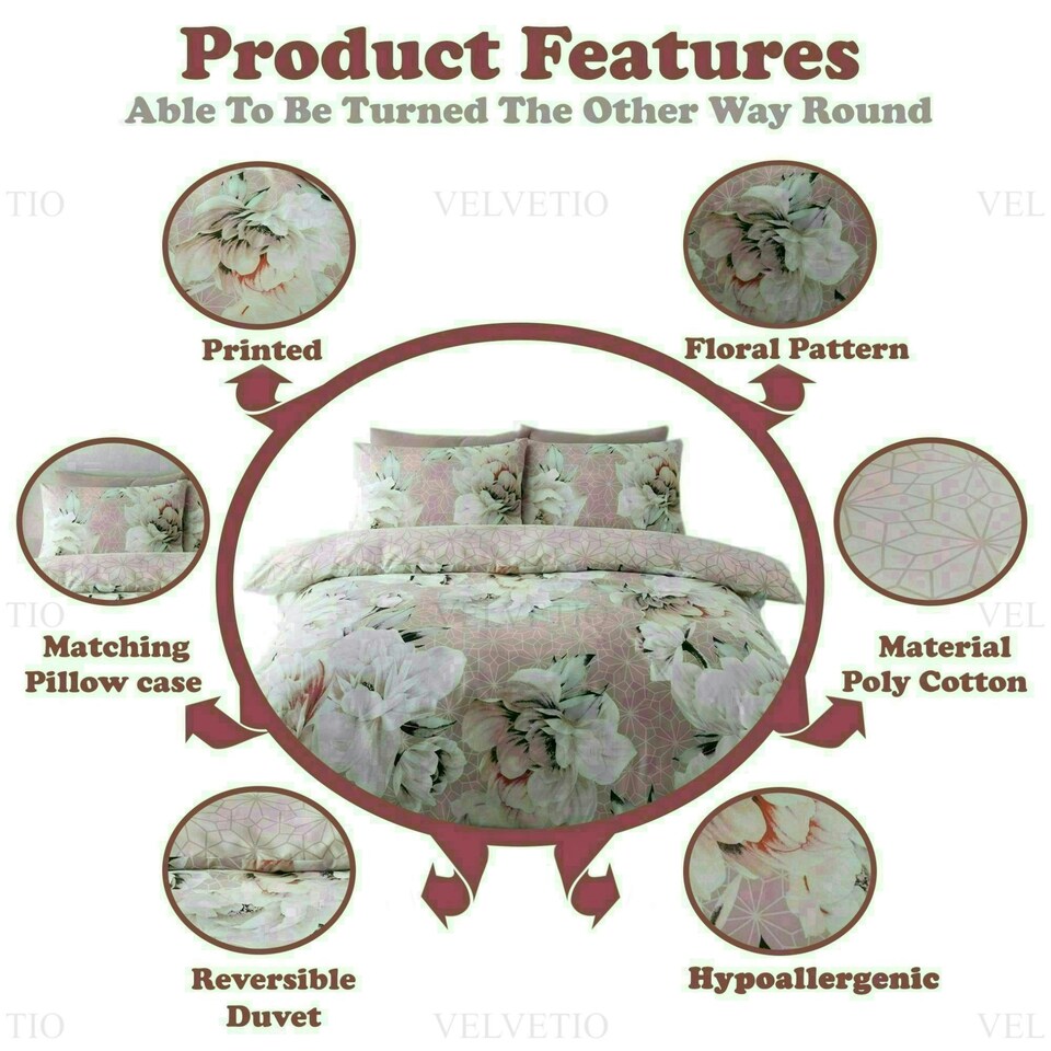 image 1 of Ariana Floral Printed Duvet Cover Set Reversible Polycotton Beddings Pink | Double