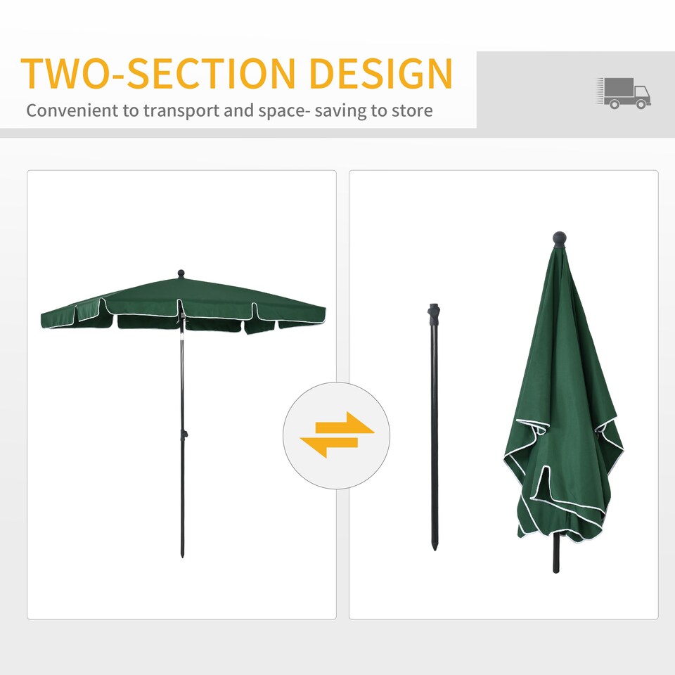 image 1 of Outsunny 2 x 1.3m Garden Parasol Umbrella, Outdoor Market Table Umbrella with Ruffles  Aluminium Pole, Rectangular Tilting Parasol Sun Shade Canopy, Green