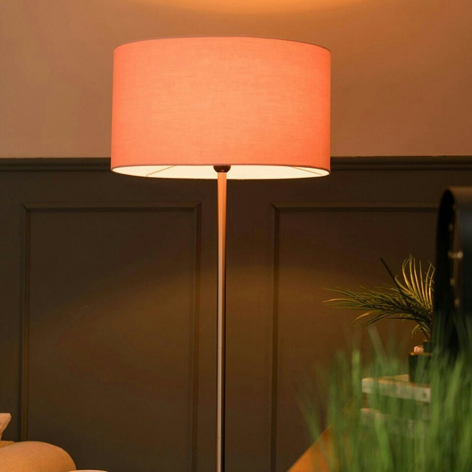 image 1 of ValueLights Tavel Brushed Chrome Silver Floor Lamp with Table and Pink Shade