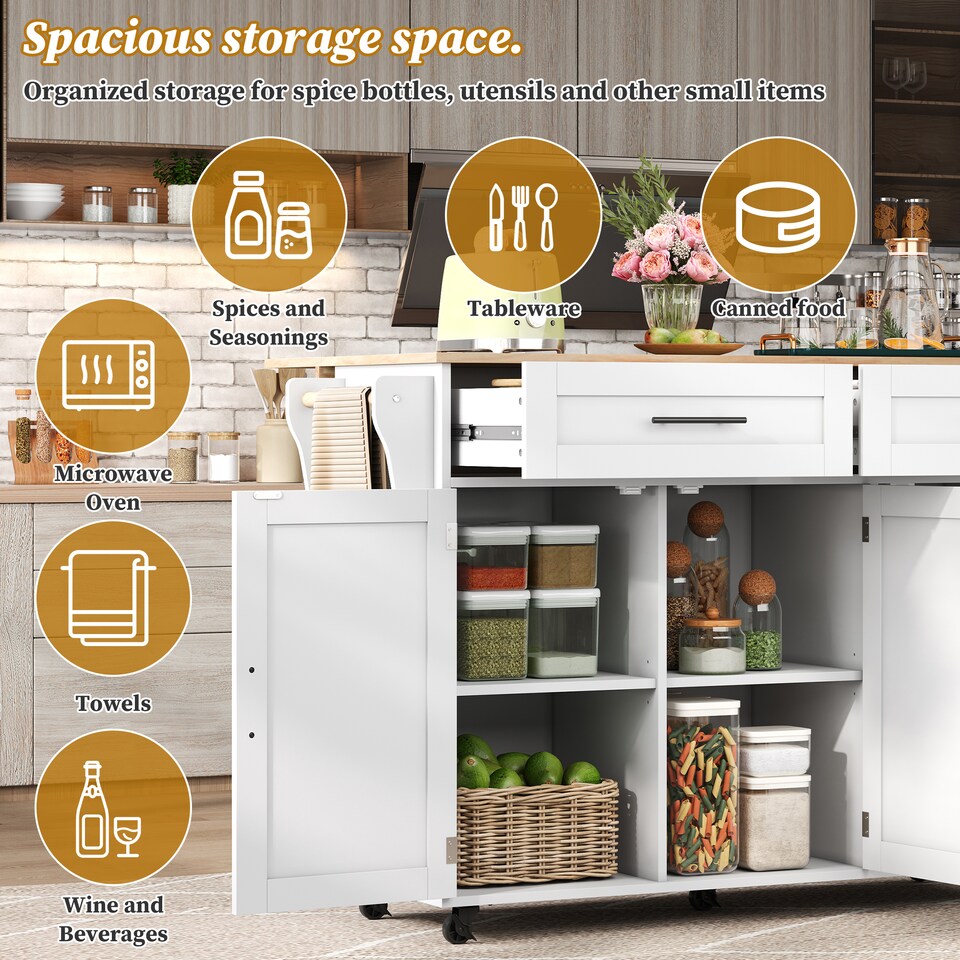 image 1 of VILUXE Mobile Kitchen Island with Foldable Worktop, 2 Drawers, Adjustable Shelves, Towel Rail, Wheels and Solid Wood Feet, White and Natural