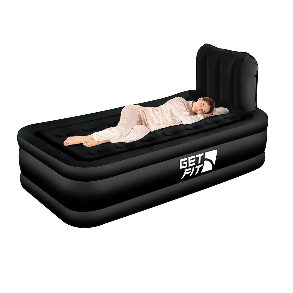 image 1 of Get Fit Air Bed With Built In Electric Pump - Premium Single Airbed - Quick Blow Up Bed With Headboard & Inflatable Pillow - Elevated Air Mattress- Black Mono