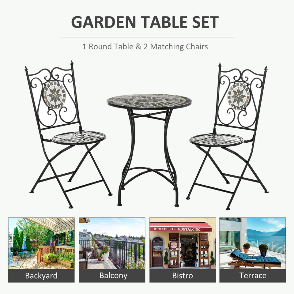 image 1 of Outsunny 3 Pcs Mosaic Tile Garden Bistro Set Outdoor w/ Table 2 Folding Chairs
