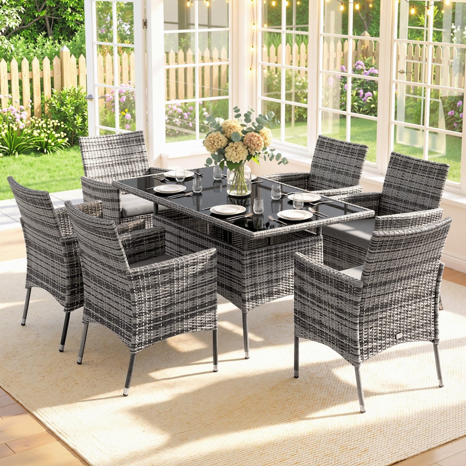 image 1 of Outsunny Rattan Dining Set for 6 with Cushions, Glass Top Table, Grey