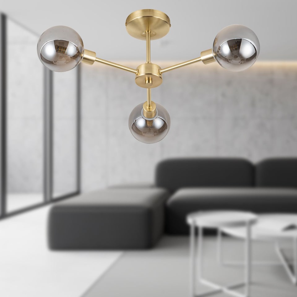 image 1 of Toner - Satin Brass with Smoke Glass Globes 3 Light Flush Ceiling Light | Gold | Grey | 1
