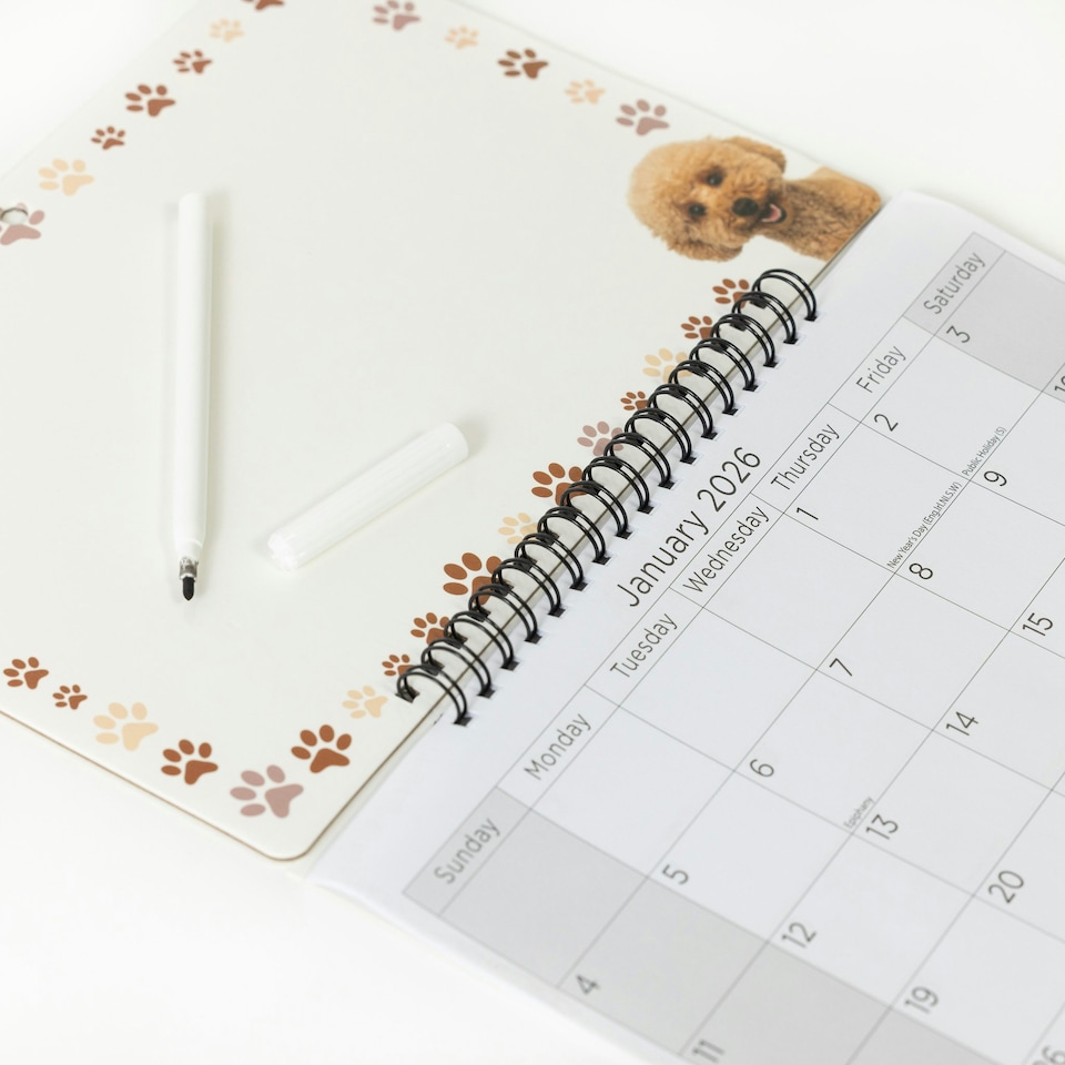 image 1 of 2026 Monthly Memo Board Calendar & Pen Puppy 2 Design