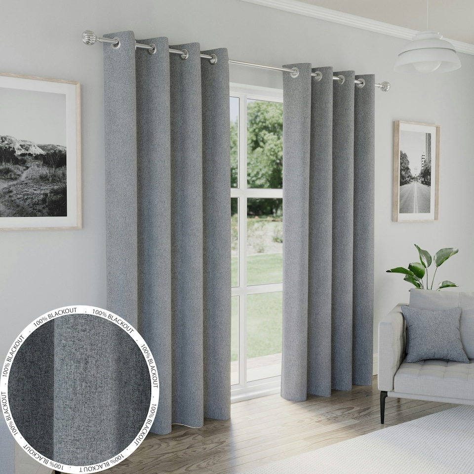 image 1 of Austin Grey Blackout Curtains 90 x 72 inch (229 x 183 cm) 100% Blackout Eyelet Thermal Noise Reducing Curtains for Bedroom and Living Room
