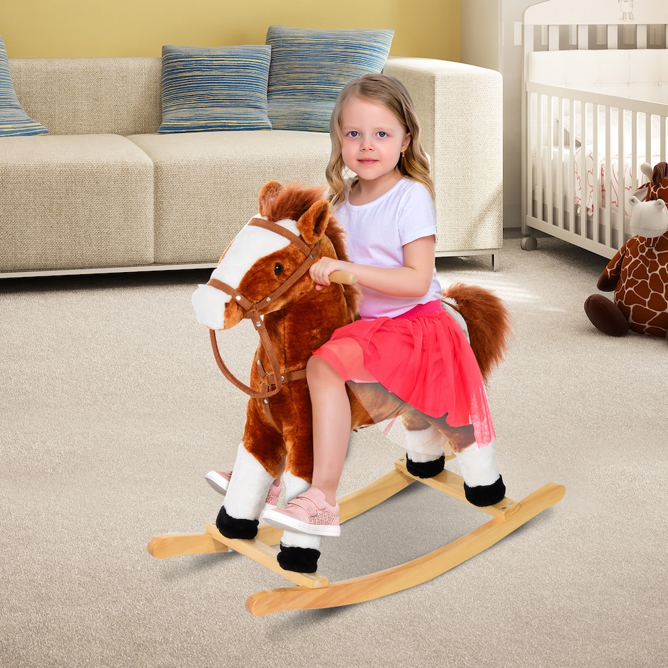 image 1 of HOMCOM Baby Rocking Horse Plush Ride on Animals Rocker with Sound Handle Grip for kids 3-6 years - Brown