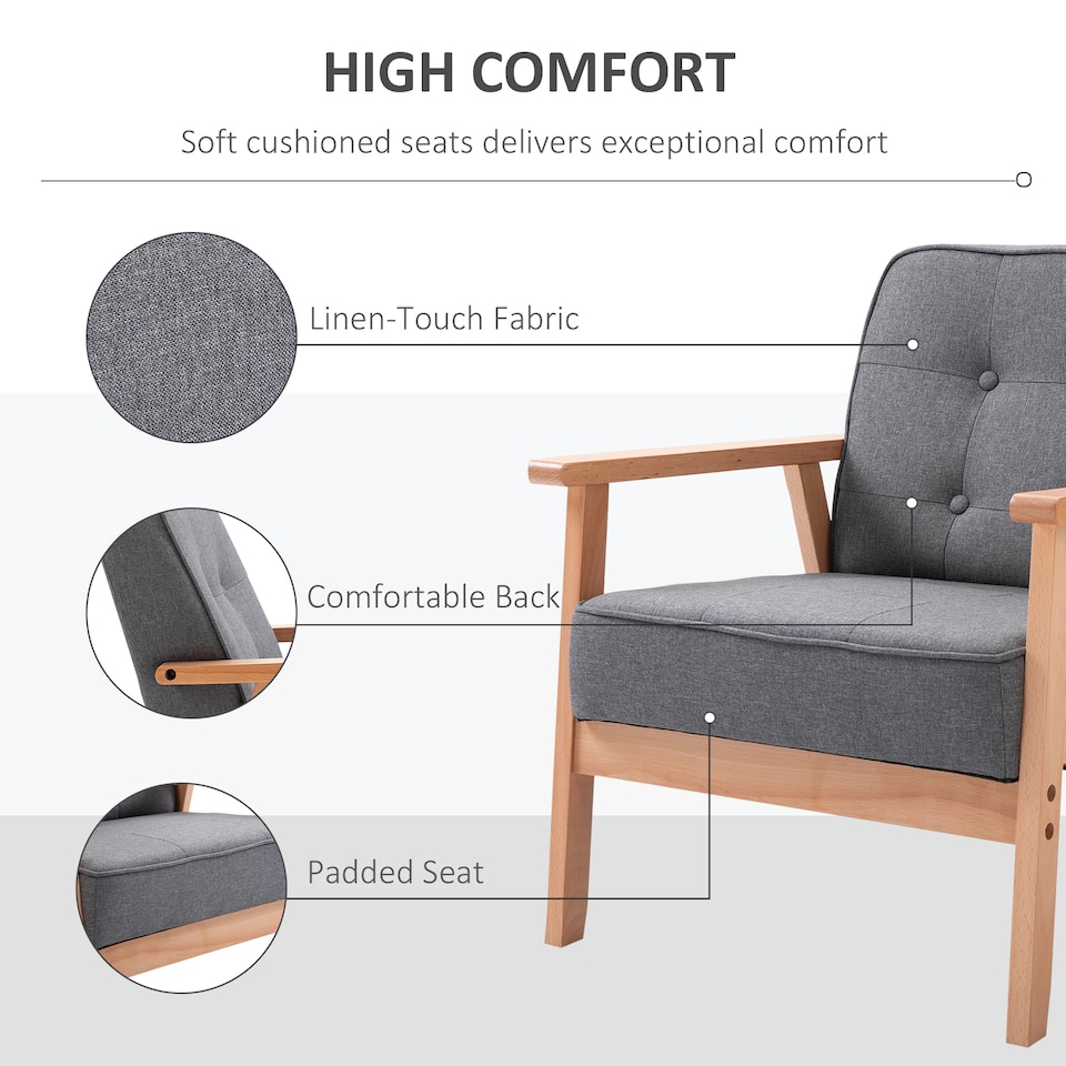 image 1 of HOMCOM Accent Chair, Linen Fabric Armchair, Occasional Chair with Rubber Wood Frame for Living Room Reception Bedroom Balcony, Grey and Natural