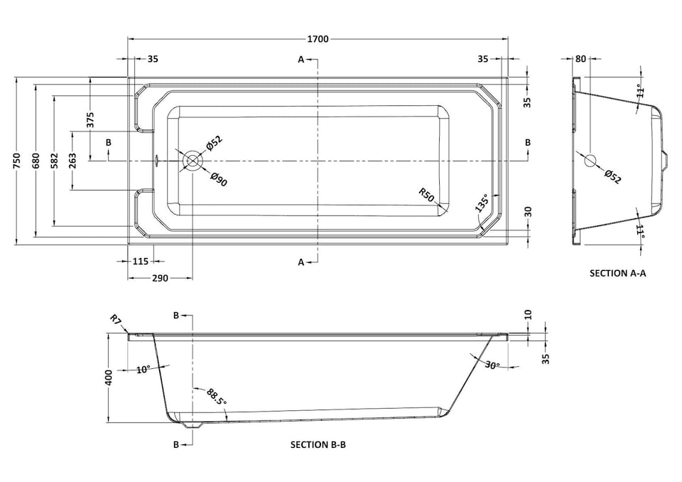 image 1 of Harrington Straight Single Ended Shower Bath Tub, 1700x750mm - White | White | White | 1